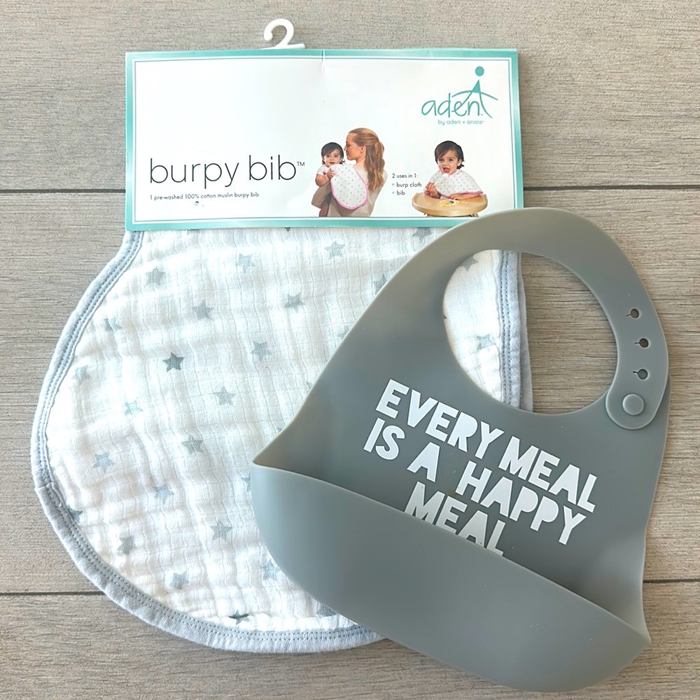 Burpy bib & silicone food, catching bin.